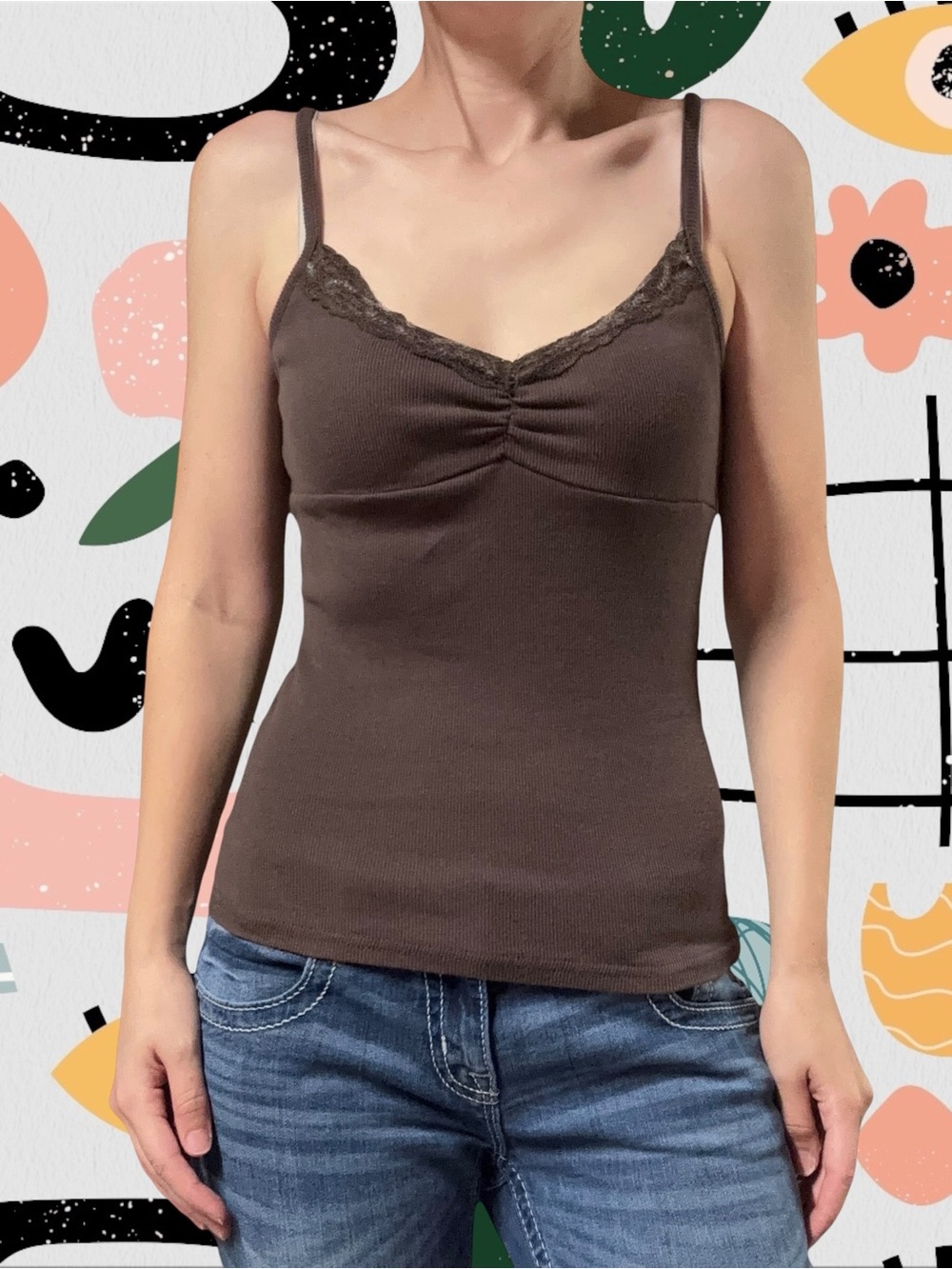 Ultra Flirt | Y2K Style Brown Ribbed Cami With Sequin Lace Trim